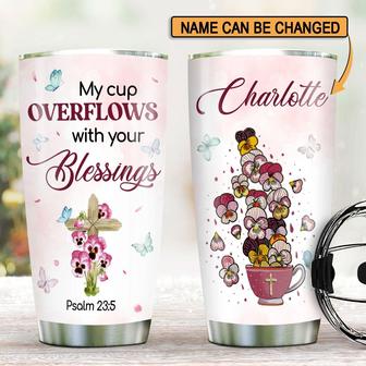 Cute Personalized Flower And Cross Stainless Steel Tumbler My Cup Overflows With Your Blessings - Thegiftio UK
