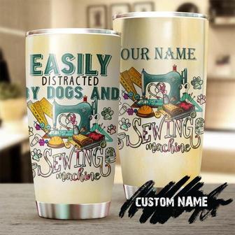 Easily Distracted By Dogs And Sewing Machine Personalized Steel Tumbler Birthday Gift Gift For Women Sewing Gift Sewer Present - Thegiftio UK