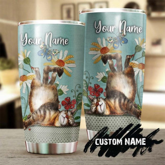 Lazy Cat Embroidered Flowers Personalized Tumblercat Tumbler Gift For Cat Mom Cat Dad Gift For Cat Lovercat Day Gift - Thegiftio UK