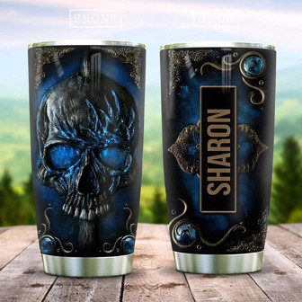Leather Style Blue Skull Personalized Stainless Steel Tumbler - Thegiftio