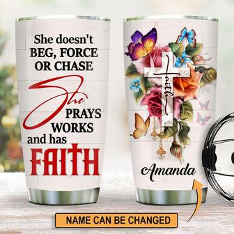 Pretty Personalized Floral Cross Stainless Steel Tumbler She Prays Works And Has Faith - Thegiftio UK