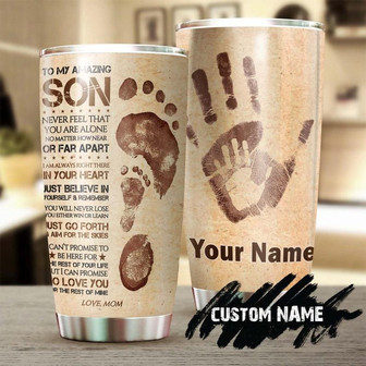 To My Son Hand Print Foot Print I Love You Son Personalized Tumblerunique Meaningful Birthday Gift Christmas Gift Day For Son From Mom - Thegiftio UK