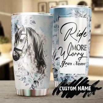 gift For Her Gift For Him, White Horse Worry Less Ride More Floral Personalized Stainless Steel 20oz Tumbler gift For Horse Lover Horse Rider - Thegiftio