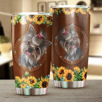 Yorkie Love Sunflowers Stainless Steel Tumbler Yorkshire Tumbler Gift For Sunflower Lover Sunflower Presentgift For Her - Thegiftio UK