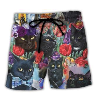 Black Cat Art With Flowers Beach Short - Seseable