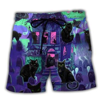 Black Cat In A Haunted House Dark Night Beach Short - Seseable