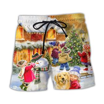 Children And Animals Love Christmas In The Town Art Style Beach Short - Seseable