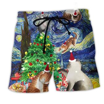 Christmas Cat Playing In Starry Night Beach Short - Seseable