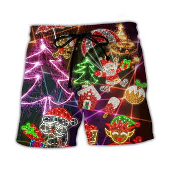 Christmas Funny Santa Claus Tree Elf Gingerbread Neon Light Beach Short - Seseable