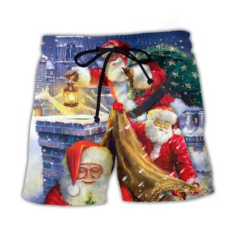 Christmas Funny Santa Claus Up On Rooftop Art Style Beach Short - Seseable