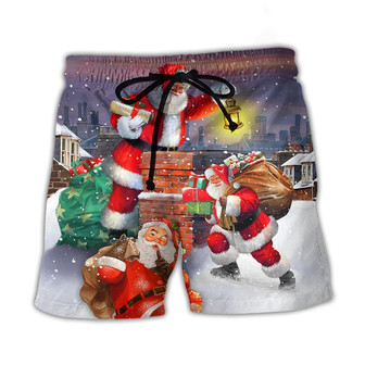 Christmas Having Fun With Santa Claus Gift For Xmas Art Style Beach Short - Seseable