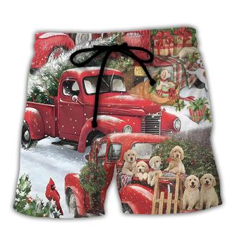 Christmas Red Truck With Xmas Tree And Little Puppy Beach Short - Seseable