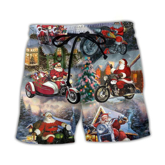 Christmas Santa Claus Driving Motorcycle Bike Gift Light Art Style Beach Short - Seseable