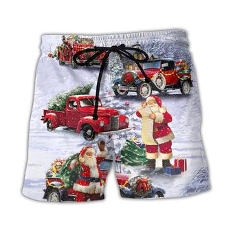 Christmas Santa Claus Red Truck Xmas Painting Style Beach Short - Seseable