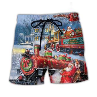 Christmas Santa Claus Train Gift For Xmas Painting Style Beach Short - Seseable