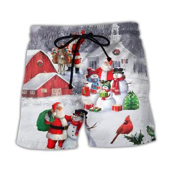 Christmas Santa Claus With Snowman Family In The Town Art Style Beach Short - Seseable