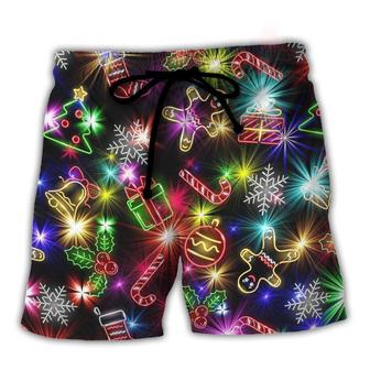 Christmas With Tree And Cookies Gingerbread Man Neon Style Beach Short - Seseable