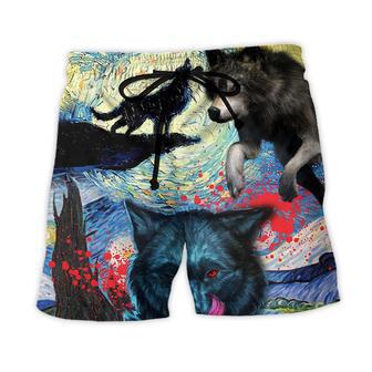 Halloween Black Wolf Crazy Starry Night Blood Art Style Beach Short - Seseable