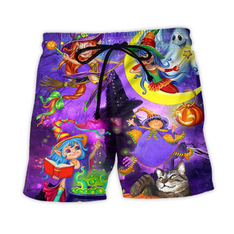 Halloween Funny Witch Ghost Cute Boo In The Magic Forest Art Style Beach Short | Seseable CA