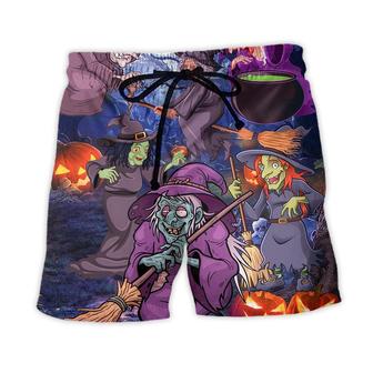 Halloween Funny Witch Pumpkin In The Magic Forest Beach Short - Seseable