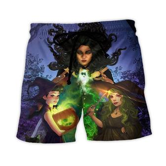 Halloween Magic Witch Ghost In The Dark Forest Art Style Beach Short - Seseable