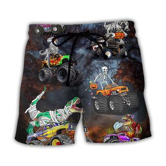 Halloween Skeleton Dinosaur Driving Monster Truck Beach Short - Seseable