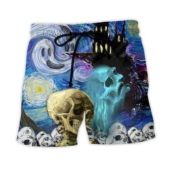 Halloween Skull Smoke Scream Starry Night Funny Boo Art Style Beach Short - Seseable