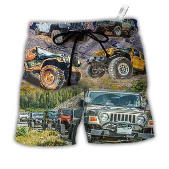 Jeep In The Moutain Sunset Vintage Art Style Beach Short - Seseable