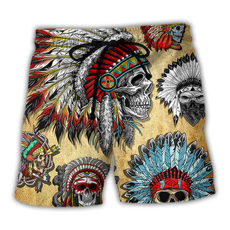 Native American Skull Vintage Art Style Beach Short - Seseable