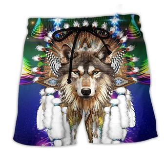 Native Wolf And Merry Christmas Cool Style Beach Short - Seseable