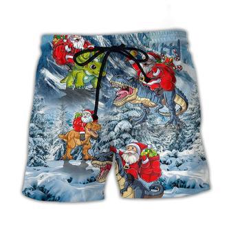 Santa Claus Riding Dinosaur Christmas Tree Art Style Beach Short - Seseable