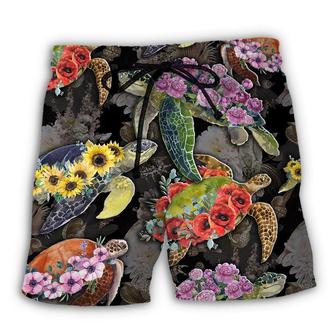 Turtle And Flowers Tropical Art Beach Short - Seseable