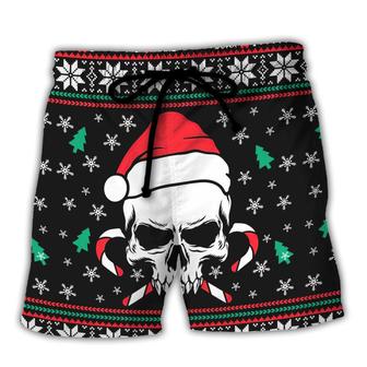Christmas Skull Wearing Santa Claus Hat And Sweat Candy Beach Short - Seseable
