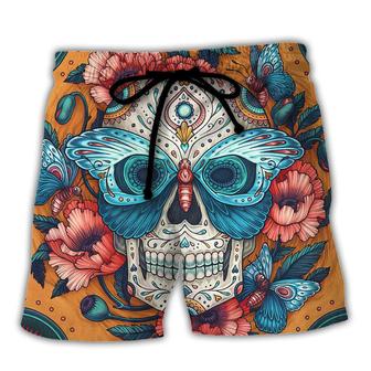 Skull And Butterfly Abstract Vintage Colorful Beach Short - Seseable