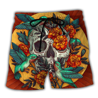 Skull Floral Skull Hummingbird Beach Short - Seseable