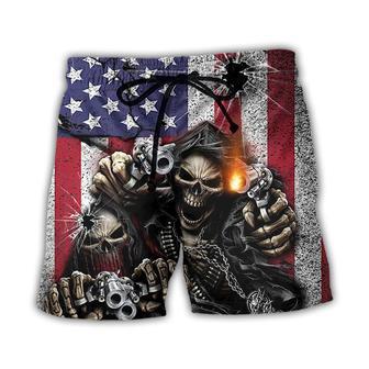 Skull Shot Gun American Flag Vintage Beach Short - Seseable