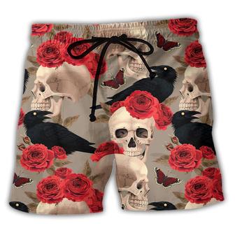 Skull With Rose Flower And Raven Gothic Style Beach Short - Seseable