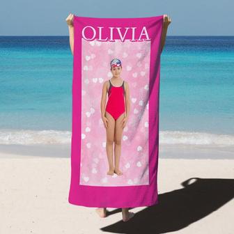 Girls Personalised Pink Bokeh Heart Beach Towel - Seseable