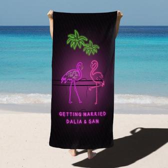 Neon Flamingo Personalized Bachelorette Beach Towel - Seseable