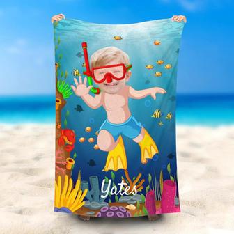 Personalized Baby Boy Diving Sea World Beach Towel - Seseable