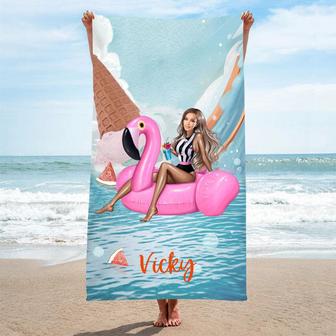 Personalized Bikini Flamingo Ring Beach Towel With Face - Seseable