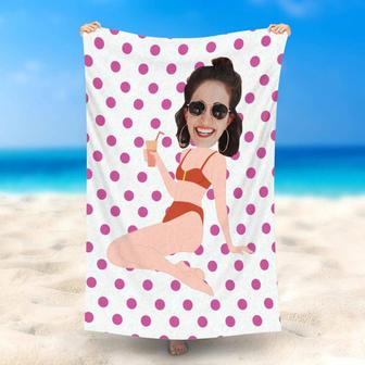 Personalized Bikini Girl Face Purple Dots Beach Towel - Seseable