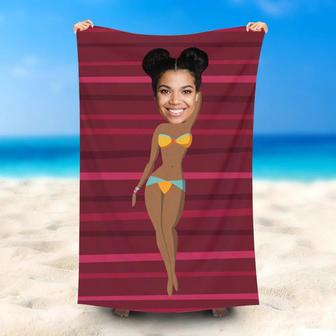 Personalized Bikini Red Stripe Beach Towel With Photo - Seseable