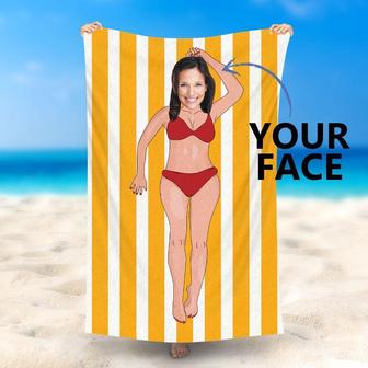 Personalized Bikini Woman Orange Stripe Beach Towel - Seseable