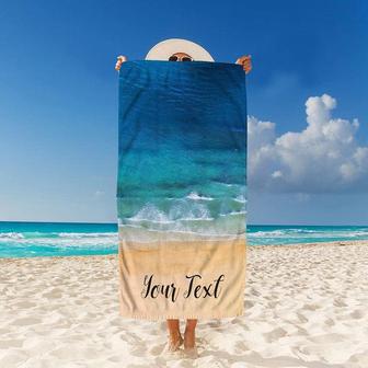 Personalized Blue Ocean Wave Summer Name Beach Towel - Seseable