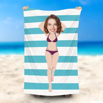 Personalized Blue Stripe Bikini Beach Towel With Photo - Seseable