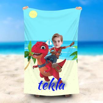 Personalized Boy Red Dinosaur Seaside Beach Towel - Seseable