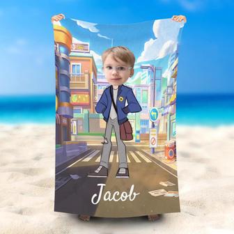 Personalized Cool Jacket Boy Beach Towel With Photo - Seseable