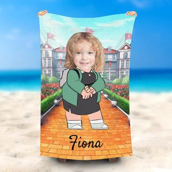 Personalized Cute Girl With Backpack Beach Towel - Seseable