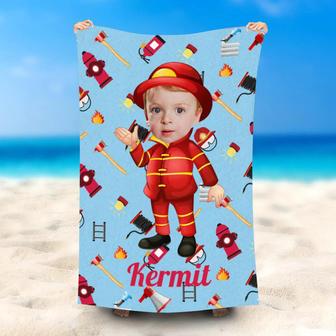 Personalized Cute Red Suit Fireman Beach Towel With Face - Seseable